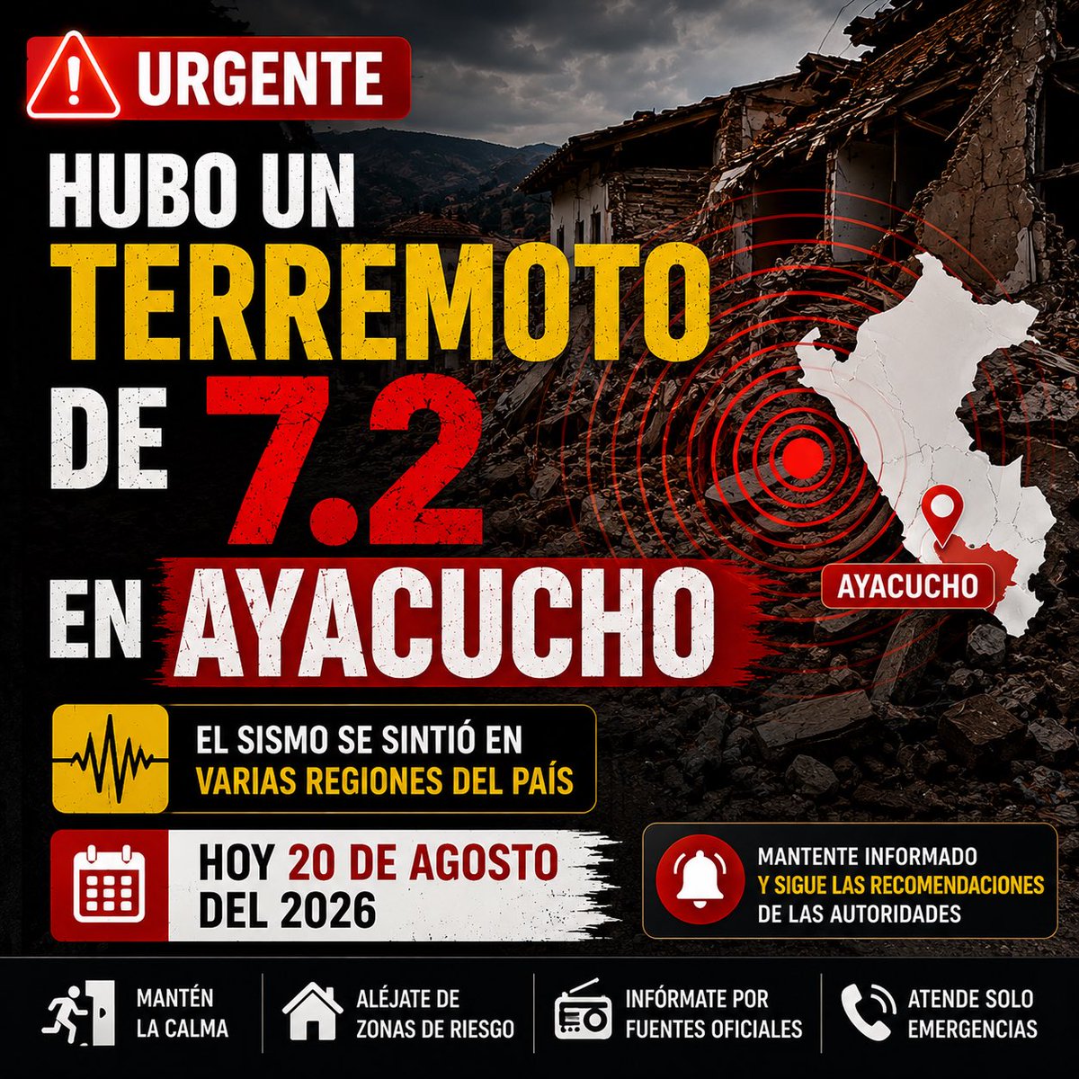 pabejhonn's tweet photo. 🚨 ¡TERREMOTO DE 7.2 SACUDE AYACUCHO! 😱🇵🇪 ¿LO SENTISTE?

Un fuerte sismo de magnitud 7.2 sacudió Ayacucho HOY, 20 de agosto de 2026. 🚨🇵🇪

#Sismo #Terremoto #Ayacucho #Peru #Temblor https://t.co/rEapKVfg6z