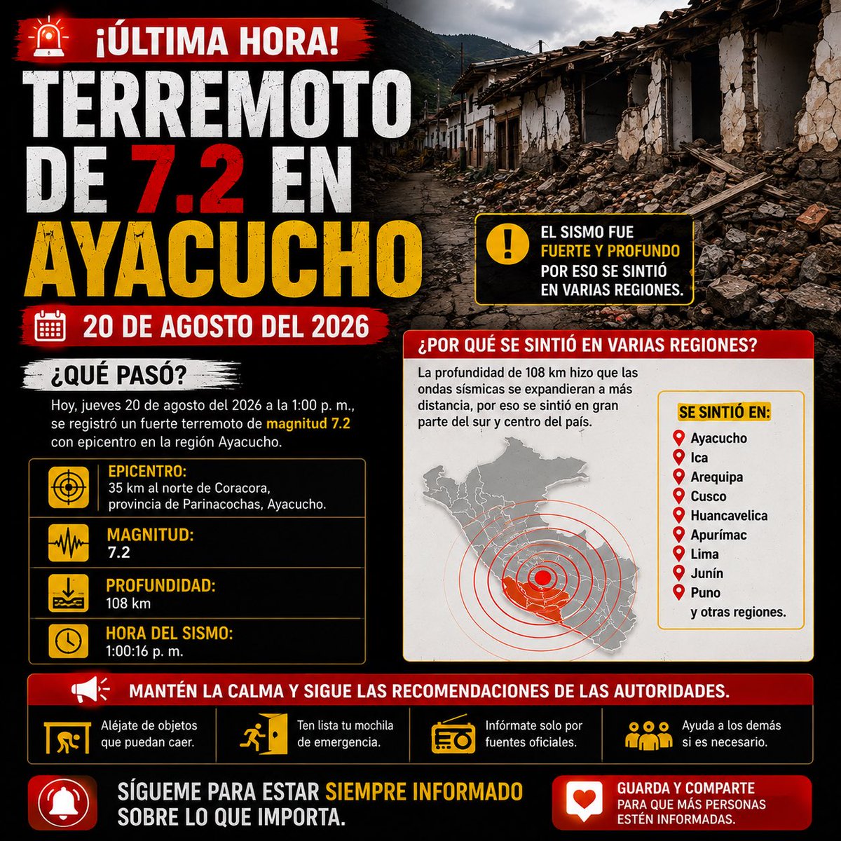 pabejhonn's tweet photo. 🚨 ¡TERREMOTO DE 7.2 SACUDE AYACUCHO! 😱🇵🇪 ¿LO SENTISTE?

Un fuerte sismo de magnitud 7.2 sacudió Ayacucho HOY, 20 de agosto de 2026. 🚨🇵🇪

#Sismo #Terremoto #Ayacucho #Peru #Temblor https://t.co/rEapKVfg6z