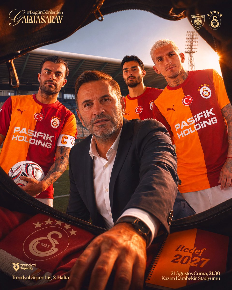 GalatasaraySK's tweet photo. #BugünGünlerdenGALATASARAY 💪

🏆 Trendyol Süper Lig 2026-2027 Adnan Süvari Sezonu
🗓️ 2. Hafta
⚽ Erzurumspor
📆 21.08.2026
⏰ 21.30
🏟️ Kazım Karabekir Stadyumu
📲 #ERZvGS https://t.co/6Ou7Gqw4sX