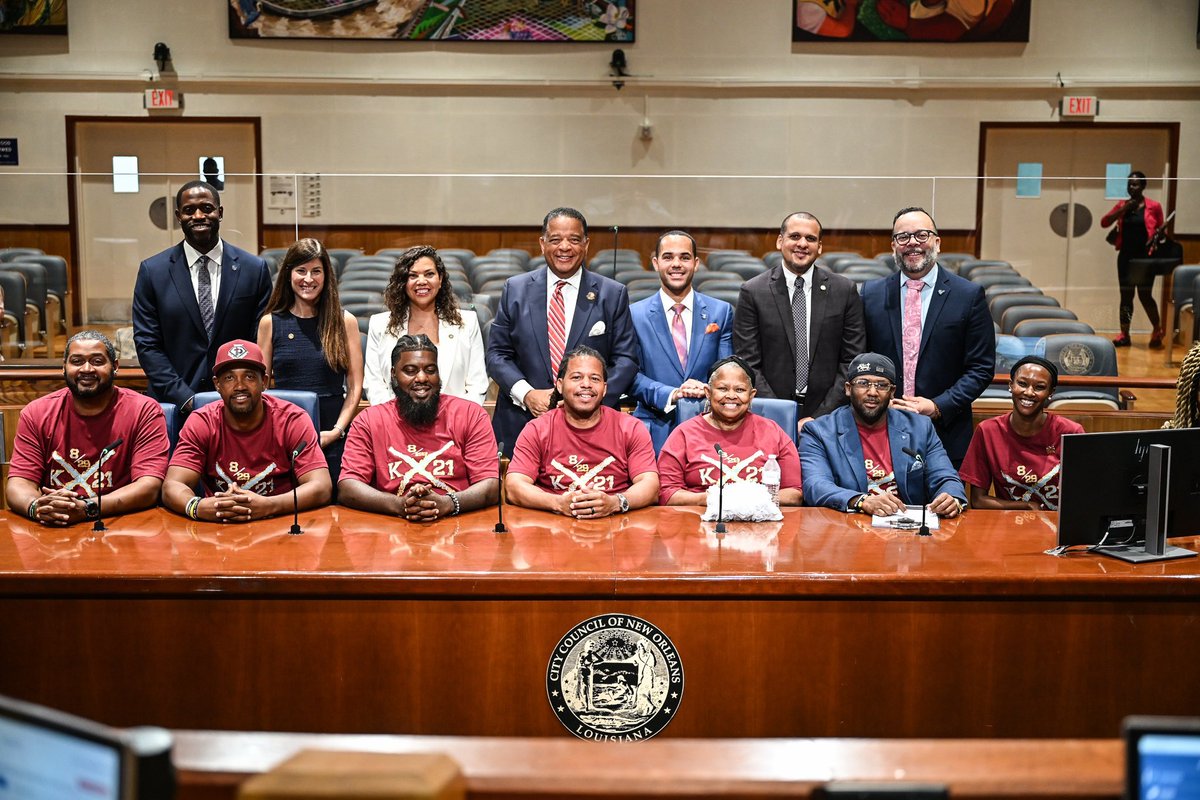 NOLACityCouncil's tweet photo. Before today’s regular meeting, the Council presented the @HipHopCaucus with a proclamation recognizing its work to preserve the legacy of Hurricane Katrina and its lasting impact on New Orleans.

The organization also leads the annual Hurricane Katrina March and Second Line. https://t.co/WaSsi1AxSc