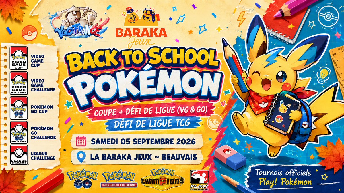 VGC_FR's tweet photo. 📣 Coupe + Défi (VG & GO) & Défi JCC - Back to School 📣
📌 La Baraka Jeux, 6 Rue Ricard, Beauvais (60)
📅 Samedi 05 Septembre 2026
⏰ à partir de 11h00
🏆 Points de Championnats (CP) qualificatifs aux Championnats du Monde
🎟️ préinscription obligatoire

Toutes les informations sur : https://t.co/puK7dpBgcG

⭐ COUPE + DÉFI DE LIGUE VG ⭐
⏰ 11h00
🎟️ Masters : 25 € - Juniors / Seniors : 15 €
🎮 16 participants max.
📜 Pokémon Champions - Règlement M-B

📱 COUPE + DÉFI DE LIGUE GO 📱
⏰ 17h30
🎟️ 13 €
🎮 8 participants max.
📜 Ligue SUPER - Combat GO

🎴 DÉFI TCG 🎴
⏰ 14h30
🎟️ 10 €
🎮 16 participants max.
📜 Format standard - Cartes H, I et J

#PokemonChampions #Pokemon #PlayPokemon #vgc #vgctours #tournoi #tournament #championshipseries #premierevent #league #wcs2027 #saison2027 #season2027 #championshipseries #championshipseries2027 #cup #coupe #challenge #defi #hdf #hautsdefrance #beauvais #oise @UAEF_Officiel @Fra_esports @FE__HDF