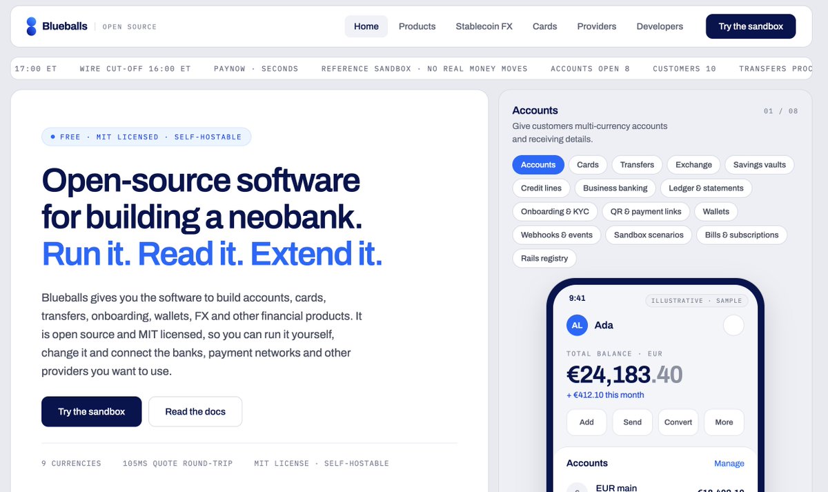 Josh_Gier's tweet photo. Building a neobank, stablecoin app or financial product?

I open-sourced the code I wish existed when starting from scratch:

https://t.co/dksX3pNFGN

Accounts, cards, transfers, wallets, FX, onboarding, ledger, policies and the infrastructure around them.

Why?

Banking consolidated because financial infrastructure was brutally expensive.

Storing money was expensive. Moving it was expensive. Reconciliation was expensive. Trust, compliance, settlement and operations all required enormous institutions and enormous balance sheets.

So scale became a requirement.

That constraint is disappearing.

Money is becoming software. Stablecoins make settlement programmable. Modern infrastructure has collapsed the cost of payments, identity, cards, custody and FX. AI is going to compress the operating layer even further.

If the cost of building financial infrastructure falls by orders of magnitude, the end state shouldn’t be a handful of slightly better megabanks.

It should be millions of specialised financial institutions.

A bank for a company.
A bank for a university.
A bank for a profession.
A bank for a community.
A bank for a family.
Different products. Different rules. Different economics. 
The shift is from banks as institutions to banking as primitives.

So I built Blueballs and opened the stack.
Fork it. 
Change it. 
Build the bank your market actually needs.

https://t.co/dksX3pNFGN