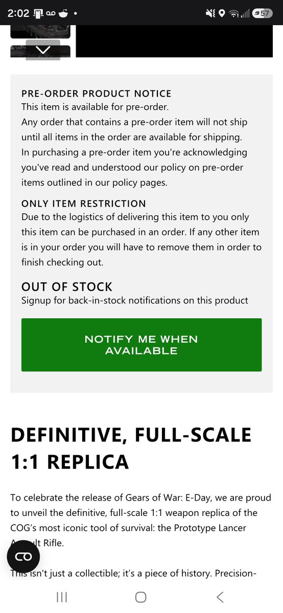 Sir_Ditzy's tweet photo. @XBOX @GearsofWar WTF IS THIS!?!?! I signed up for the email notification when the Gears of War E-Day lancer replica would become available, only for me to not receive any form of notification and it sells out instantly? What the heck is going on!?!? https://t.co/qf1uVbhFyB