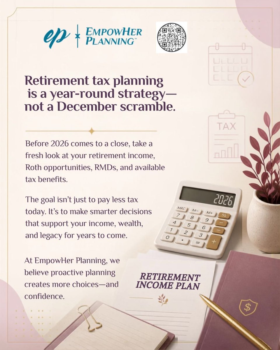 MsKimVegas's tweet photo. 2026 isn’t over yet—and neither are your tax-planning opportunities. 💰

A few thoughtful moves before year-end could make a meaningful difference in your retirement strategy.

#EmpowHerPlanning #TaxPlanning #RetirementPlanning https://t.co/CFELA3ymzi