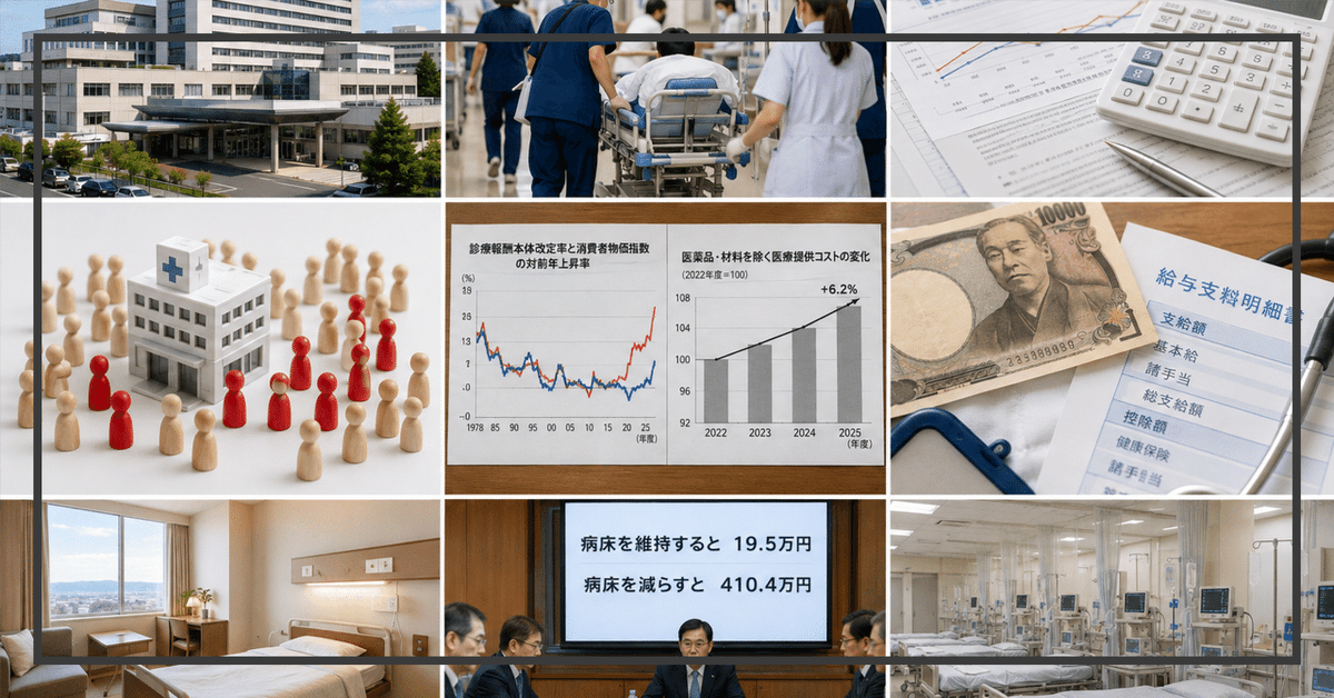 Drneurosur's tweet photo. 「公立病院の赤字が1年で倍になった理由 〜収益は増えている〜」

青森県立中央病院の令和7年度決算見込みが出た。純損益は30億4,855万円の赤字で、過去最大。赤字は3年連続になる。
収益は増えている。

増収赤字

県病院局の発表によれば、昨年度の利用患者は延べ47万7,576人で前年度より610人増えた。入院診療単価も上がった。それでも物価高と給与引き上げで事業費用が収益を上回った。
同院が公表している決算推移を見ると、令和6年度は医業収益268億2,154万円（前年度比103.1%）に対し、医業費用312億8,350万円（同107.9%）。収益が8億円伸びる間に、費用は23億円伸びた。
純損益は令和4年度まで黒字だった。令和5年度に17億円の赤字へ転落し、6年度26億円、7年度30億円と広がっている。

青森だけの話ではない

総務省が公表した令和6年度地方公営企業等決算の概要に、同じ形が全国規模で出ている。
病院事業の総収支は4,059億円の赤字。前年度の2,055億円からほぼ倍になった。決算対象676事業のうち赤字は507事業で、およそ4分の3にあたる。経常収支比率は令和5年度に100を割り込み、6年度は93.4%まで下がった。累積欠損金は1兆9,992億円。総務省は、全法適用企業の累積欠損金が4兆610億円へ増えた理由を「病院事業における純損失の増加等」と書いている。
公立に限った現象でもない。中医協が令和7年11月に公表した第25回医療経済実態調査では、一般病院の医業・介護損益差額率が7.3%の赤字、赤字施設の割合は67.6%。医療法人立の一般診療所は4.8%の黒字だった。
健康保険組合連合会が同年12月に中医協へ出した見解には、機能別の内訳が載っている。平均医業利益率は回復期0.5%の赤字、慢性期1.0%の赤字にとどまるのに対し、高度急性期6.7%、急性期A 9.9%、急性期B 12.0%の赤字。赤字病院の割合も回復期40.0%、慢性期56.3%に対し、高度急性期75.0%、急性期A 77.8%、急性期B 73.0%。
赤字が医療全体を覆っているのではなく、入院と救急を抱える施設に集中している。

1.5ポイントで倍になる

繰入金を除いた素の収支から見ておく。総務省が示す修正医業収支比率は、医業収益から他会計負担金等を差し引いて医業費用で割ったもので、令和2年度81.2%、3年度83.1%、4年度83.0%、5年度83.3%と推移し、6年度は81.8%へ下がった。総務省の説明は、診療収入は増加したものの職員給与費や材料費等の医業費用が増加したため、というものになっている。
同じ資料に、病院事業の料金収入と総費用が並んでいる。
診療収入は4兆5,434億円で前年度比2.5%増。総費用は6兆644億円で4.0%増。
差は1.5ポイント。この程度の差で赤字が倍になる。
理由は費用構造にある。6つの病院団体が昨年9月に厚生労働大臣へ出した緊急要望書に、積算が載っている。人件費率57.2%、薬剤等を除く物件費率28.5%。賃上げ4%と物価上昇3%が同時に起きると、コストは年3.1%上がる。これに対し、令和6年度の診療報酬本体改定率は0.88%。2年に1回の改定なので、年平均に直せば0.44%になる。収益側は公定価格で、費用側は市場価格で動く。転嫁は認められていない。
繰入金を増やせば済む、という話でもない。全国の他会計繰入金は令和6年度8,986億円で、前年度から4.2%増えている。それでも赤字は倍になった。
青森の内訳はもう少し露骨だ。一般会計からの繰入金は令和2年度42億7,455万円、3年度42億9,475万円、4年度40億9,073万円と推移し、赤字へ転落した5年度に28億3,688万円まで落ちた。6年度は34億8,186万円。令和2年度から4年度にはコロナ対応分が乗っていたと見るのが自然で、単純比較はできない。それでも、赤字が最も深い年に繰入が最も薄いという並びは残る。

稼働率では届かない

県病院局は、経費を削減しながら病床の稼働率を向上させて収益を上げたい、としている。
健保連の見解に、その道筋を検証した箇所がある。公立病院では病床利用率80%以上でも平均損益差額率が13.4%の赤字。総務省のデータから令和5年度の病床利用率と医業収支比率の関係を分析したところ、公立における医業収支比率のばらつきの4割弱を病床利用率の違いで説明できた、とある。
病院ごとの収支の差のうち、稼働率で説明がつくのは4割弱にとどまる。同じ数字が、稼働率は効くという事実と、それだけでは足りないという事実を同時に示している。
機能を移せば済むわけでもない。同じ見解によれば、地域包括ケア病棟入院料を算定する一般病院のうち200床以上の規模では、令和5年度と6年度のいずれも10.0%以上の赤字だった。
青森が用意している出口は統合になる。県立中央病院と青森市民病院を共同経営し、令和14年度中に統合新病院を開院する計画で、基本計画案では総病床数757床。ただし建設工事の発注状況や工期の見通し次第で、設計段階の見直しもあり得るとされている。

給料は上がったのか

報道では「医師や看護師の給料が引き上がったこと」が費用増の要因として挙がる。事実ではある。
県職員の給与は、青森県人事委員会の勧告を受けて条例で改定される。人事委員会は毎年、県内の民間事業所の給与水準を調査し、県職員の水準と比較して勧告を出す。地方公務員法が労働基本権の制約に対する代償措置として定めた仕組みで、令和7年は10月6日に月例給とボーナスの引き上げが勧告された。同じ年、国家公務員について人事院が出した勧告は月例給3.62%の引き上げで、1991年以来34年ぶりに3%を超えている。
地域の民間賃金が上がるほど、病院の人件費は自動で増える。病院の収益とは無関係に決まる。
ただ、要望書にこう書いてある。
2025年に人勧ベア3.62%であったが、1.0%しか実施できていない。
原資がないので満額は実施できず、それでも職員数分の総額は膨らむため、決算書の人件費は増えたまま、一人あたりの処遇は動かないという状態が同時に成立する。
病院団体の調査では、令和6年度改定後の病院の賃上げは2.51%。他産業の5.25%に届いていない。令和7年度のベースアップ見込みは約1%で、全産業平均3.7%との差はさらに開いた。
決算書には人件費増と記録され、働く側の実感は上がっていないになる。どちらも間違っていない。

逃げ道は塞がれている

民間なら差額ベッドで補える、という話になる。公立ではできない。
差額ベッドの割合上限は厚生労働省通知で決まっており、原則5割のところ、地方公共団体が開設する病院は3割に抑えられている。救急病院が救急患者のために設けた専用病床は、そもそも承認対象から外れる。同意書がない場合、治療上の必要で個室に入れた場合、病棟管理の都合で入れて実質的に患者の選択によらない場合は、料金を請求してはならないとされている。
公共性を引き受けていることが、そのまま収益手段の縮小になる。

19.5万円と410.4万円

6病院団体の要望は2つだった。令和7年度補正予算で1床あたり50万円から100万円の緊急支援。令和8年度診療報酬改定率は10%超。
出た答えは、1床あたり19.5万円（賃金分8万4,000円、物価分11万1,000円）と、本体改定率3.09%。

3.09%は1996年度以来30年ぶりの3%台で、全体改定率も2014年度以来12年ぶりのプラスになった。要望の3分の1ではあるが、水準としては異例に高い。
同じ補正予算に、別の項目がある。病床数適正化支援事業、3,490億円。病床を削減した医療機関に、1床あたり410万4,000円を交付する。休床病床の削減なら半額の205万2,000円。第1回受付は2026年6月23日から7月14日で、すでに締め切られた。
病床を維持すると19.5万円、減らすと410万4,000円。
21倍。
削減側は総枠と受付期間が区切られた時限の補助で、改定率のほうは恒久的に効く。単純な二者択一ではない。それでも、同じ補正予算の中で桁が二つ違う。

倒産では出てこない

赤字が続けば潰れる、という直感は病院には当てはまりにくい。
東京商工リサーチの集計では、2026年上半期の医療機関の倒産は38件で、前年同期比15.1%増。2006年以降の20年間で上半期としては2009年の39件に次ぐ2番目の水準になった。ただし内訳を見ると、20床以上の病院は4件で前年同期の8件から半減している。増えたのはクリニックの19件と歯科の15件で、クリニックは過去20年で最多を更新した。
倒産の原因も、販売不振22件と既往のシワ寄せ8件で約8割を占める。患者数の減少が主因で、主体は診療所と歯科。物価と人件費に圧迫された病院の話ではない。
病院の赤字は、倒産という形では統計に現れない。病床の閉鎖や診療科の縮小として出る。

潰れないが、細る

青森県立中央病院は決算見込みの公表にあたって、地方公共団体の財政の健全化に関する法律第22条第1項に基づく資金不足はない、と明記している。30億円の赤字を出しても資金は回る。一般会計からの繰入があるからで、公立病院に倒産という手続きは用意されていない。
支える側の体力が落ちている。兵庫県は2026年8月18日、実質公債費比率の3年平均が19.2%となり、基準の18%を超えて起債許可団体へ移行した。14年ぶり2度目で、都道府県では北海道、新潟県と合わせて3道県になる。阪神・淡路大震災の復旧・復興関連の県債返済に近年の金利上昇が重なった結果で、県は2027年度以降、投資事業を少なくとも10%抑制する方針を示している。
繰入を積み増す体力のある自治体は、そう多く残っていない。

連動が切れた年

要望書には1978年から2025年までのグラフが添えられている。診療報酬本体改定率と消費者物価指数の対前年上昇率を重ねたもの。
団体側は、過去は両者が連動していたと説明する。改定は原則2年に1回なので、改定率が物価上昇率を上回るのが通常だった。乖離が始まったのは2022年。
デフレ期に問題が隠れていたわけではない。物価が動かない間は、連動しているかどうかを確かめる機会がなかった。動き始めて、連動していないことが分かった。
2022年度以降、医薬品と材料を除く医療提供コストは6.2%上がった。医業赤字病院の割合は2018年度の55%から2024年度には69%へ増えている。
同じ構造は医療の外にもある。介護報酬は原則3年に1回しか改定されず、その間に人件費と物価がどれだけ動いても事業者は価格を変えられない。収入が制度で決まり費用が市場で決まる仕組みは、費用構造がいちばん重い高度急性期病院で最初に表面化しただけだと見たほうが、話の射程は合う。
令和8年度改定の施行日は前回に続いて6月1日だった。改定分が通年で効くのは令和9年度からで、令和8年度の決算が出るのは2027年の秋になる。総務省の令和7年度地方公営企業等決算の概要は、2026年9月末に公表される予定である。

読んでいただきありがとうございました。
コメント、記事購入、チップ等いつもありがとうございます。
大変感謝しております。