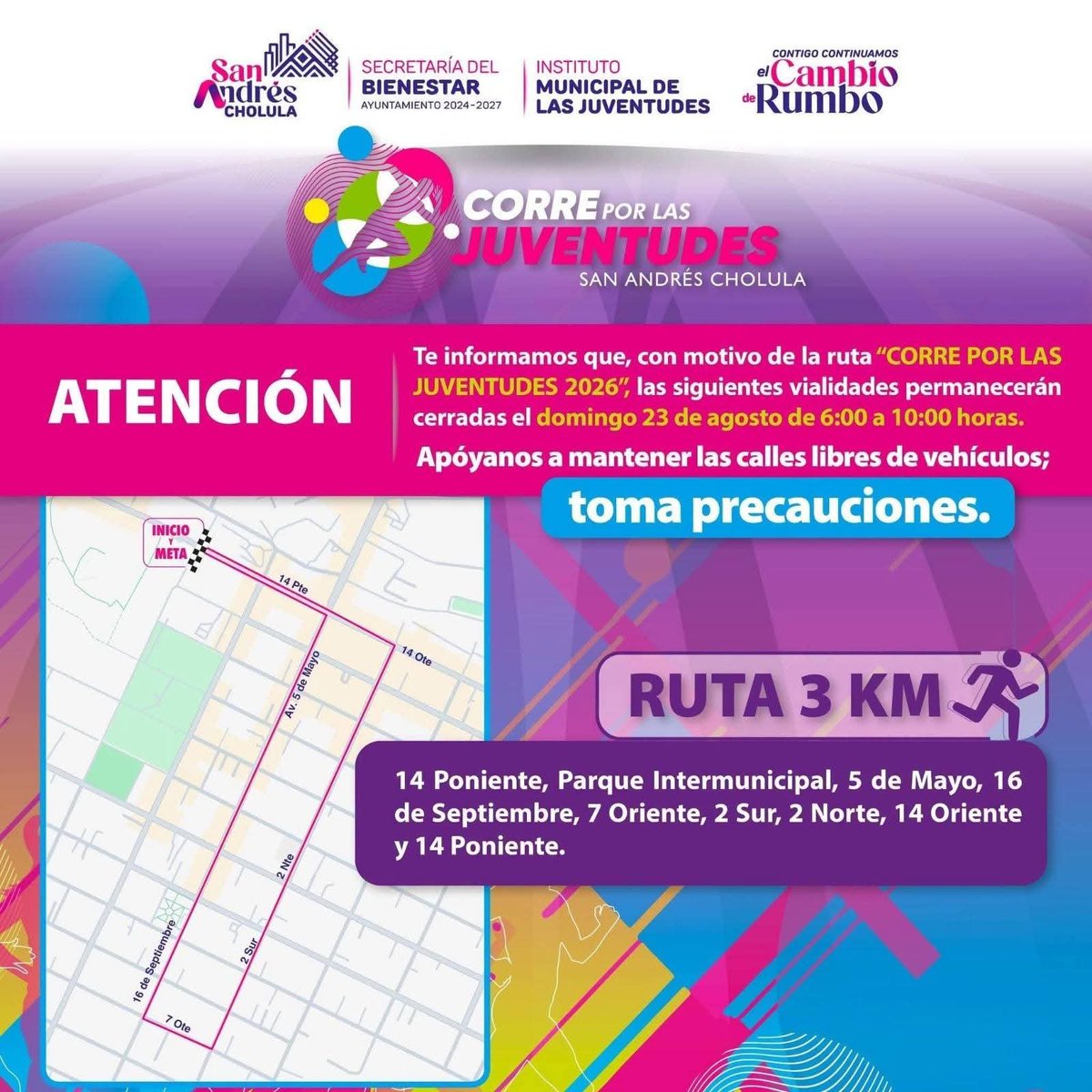 ciudad_informa1's tweet photo. #SanAndrésCholula 🏃‍♂️ Aquí te dejamos las rutas y vialidades que cerrararán por la carrera "Corre por las juventudes 2026"

🚨 Domingo 23 de agosto, de 6:00 a 10:00 horas. ⏰

🚗 Toma precauciones.

#CorrePorLasJuventudes 
#CierresViales 
#TomaPrecauciones https://t.co/keuv9Qj2iC