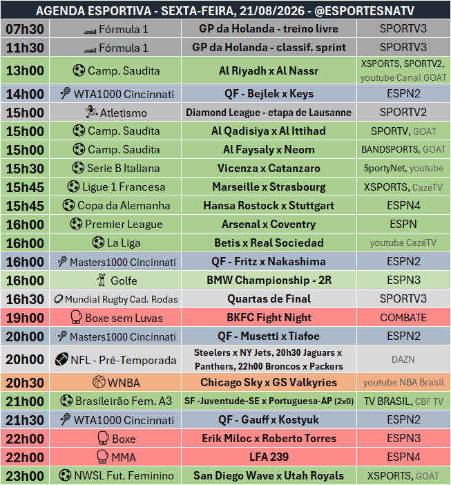 EsportesNaTV's tweet photo. A agenda esportiva desta SEXTA-FEIRA (21/08/2026) https://t.co/zUw17vji16