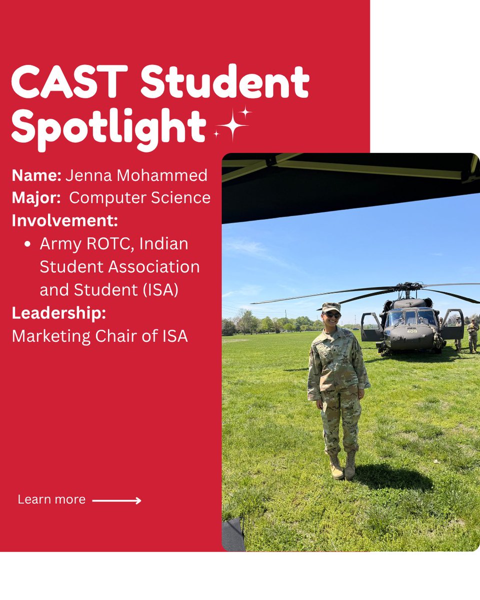 ISUSciTech's tweet photo. CAST Student Spotlight!⭐️
Meet Jenna Mohammed, a senior majoring in computer science!
Jenna has built a strong sense of community at ISU through computer science, Army ROTC, and the Indian Student Association. 
#IllinoisStateUniversity #ISUSciTech #ComputerScience #ArmyROTC https://t.co/Fa4Jhji5Jd