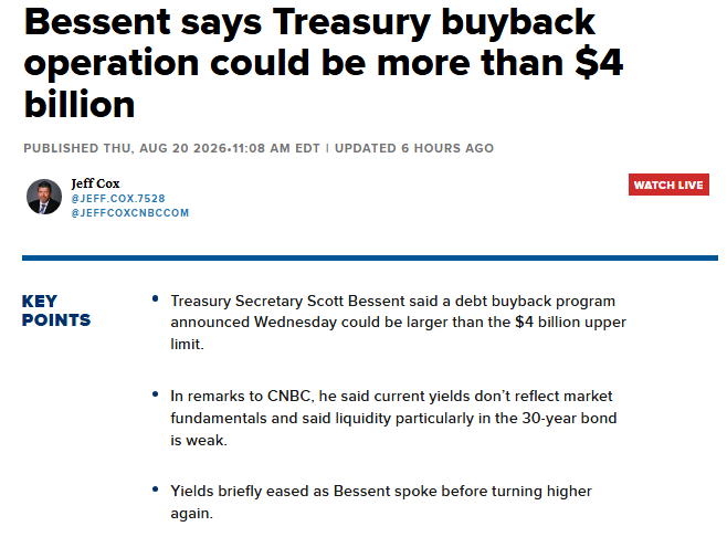 Barchart's tweet photo. U.S. Treasury debt buybacks might be larger than the announced $4 Billion limit 🚨 🚨 https://t.co/LUmc1weMlv