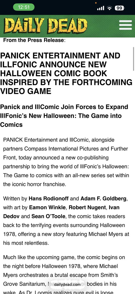 comicbooktimmy's tweet photo. The news is out! I have been spending time in Haddonfield, Illinois where I have been having a terrifying time being a writer on the upcoming HALLOWEEN Comic! The series is inspired by the upcoming video game from IllFonic and is published by the great people at PANICK Entertainment & IllComic!

https://t.co/ZiiozJEf4a