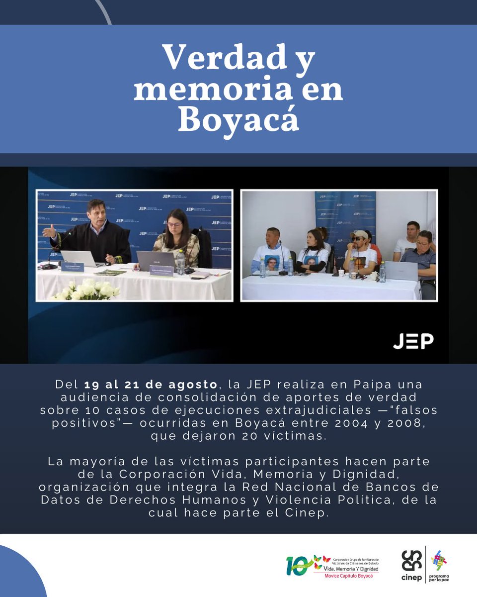 CINEP_PPP's tweet photo. La @JEP_Colombia realiza una audiencia por 10 casos de “falsos positivos” en Boyacá, con 20 víctimas.

Varias víctimas hacen parte de la Corporación Vida, Memoria y Dignidad", integrante de la Red de Bancos de Datos, de la cual Cinep hace parte: 🔗https://t.co/554bIIFfAM https://t.co/j8OyiUtohH
