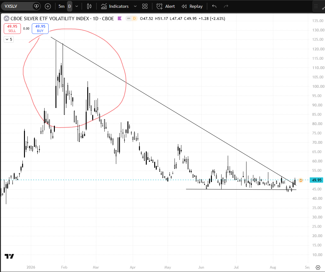 MacroFinesse's tweet photo. #GLD and #SLV volatility indexes have barely moved in recent weeks...large upside fomo has yet to enter https://t.co/MeNmn1STn2