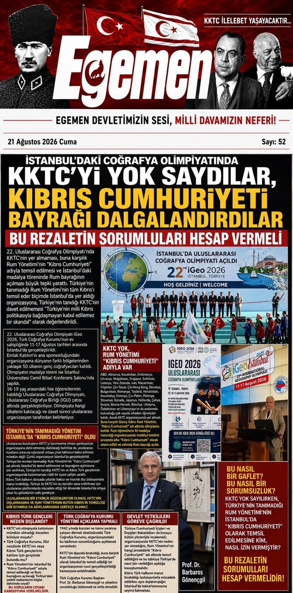 sabahatinismail's tweet photo. Türk Coğrafya Kurumu'nu, Kıbrıs Türk gençlerinin nu etkinliğe katılımı için bir girişim yapıp yapmadığını açıklamaya davet ediyorum 
Türkiye ve KKTC, 50 yıldır Kıbrıs Türk Halkına,  gençlerimize, bilim adamlarımıza, sporcularımıza uygulanan izolasyonların kaldırılması için mücadele ediyor. Devlet adamlarımız, her platformda bu yönde çağrılarda bulunuyor. 
Toplantı sonuç bildirilerinde İZOLASYONLARA SON VERİN çağrısı yer alıyor.
Hal böyleyken "uluslararası kuruluşun kuralları" denerek KKTC gençlerinin izolasyonunu haklı göstermeye  çalışmak ve bu dışlayıcı tavra karşı hiçbir mücadele vermemek kabul edilemez. KKTC dışlanırken, yasadışı, gayrı meşru, işgalci Rum yönetiminin TÜM KIBRIS ADINA İstanbul'da etkinliğe katılması ve bayrak açması kabul edilemez.
Rum yönetiminin veya Yunanistan'ın, tanımadıkları KKTC'nin temsil edildiği bir etkinliği yapacağını düşünebilir misiniz?
Onlar, pasaportunda KKTC vizesi bulunan bir tek yabancıyı bile ülkelerine sokmazken, biz niye bu denli teslimiyetçi ve aciz davranıyoruz?