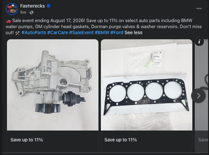 FastWrecks's tweet photo. 📷 Sale event ending August 17, 2026! Save up to 11% on select auto parts including BMW water pumps, GM cylinder head gaskets, Dorman purge valves &amp; washer reservoirs. Don't miss out! 📷 #AutoParts #CarCare #SaleEvent #BMW #Ford https://t.co/vEridKaHkB
