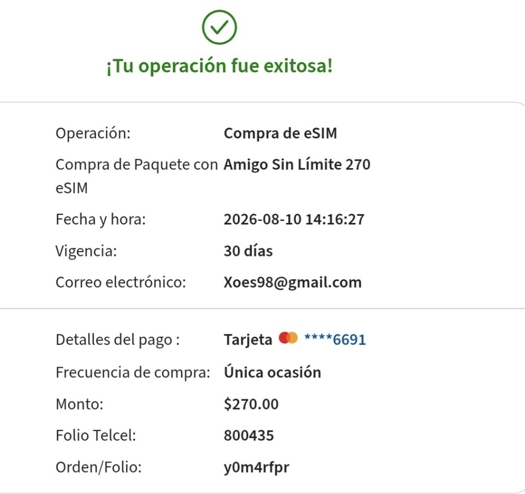 Xxoes's tweet photo. @ServicioTelcel Hola @ServicioTelcel  el día 10 de agosto realicé una compra de una e sim desde el portal web telcel. El cual tenía entendido enviarían a mi correo, pero no he recibido nada aún ¿podrían apoyarme? Ya que no tengo ningún otro núm telcel desde el cuál poder contactarlos https://t.co/OJbRN29U9a