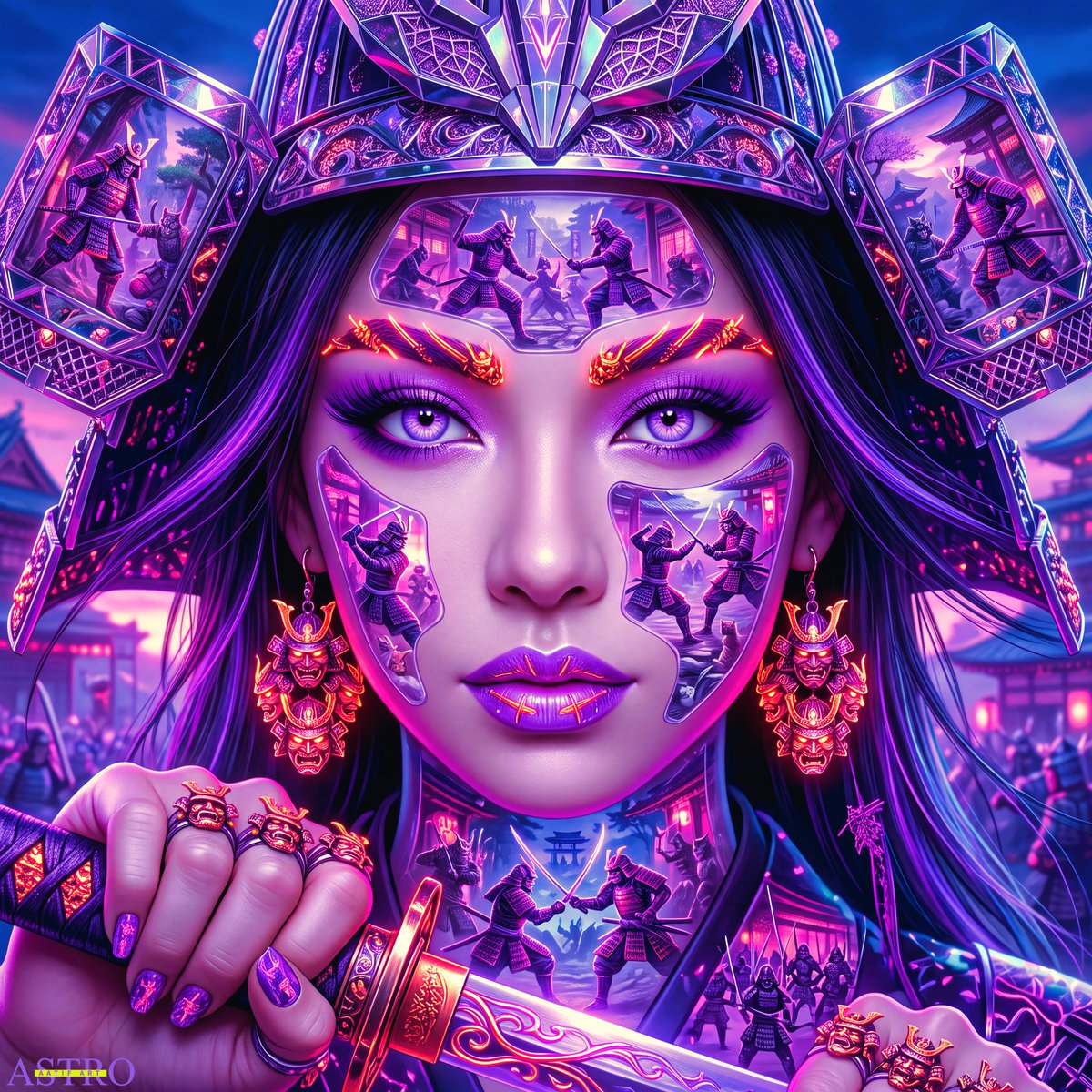 CreativeAatif's tweet photo. Time for the new artwork design!
🎨| QT Your Samurai Warrior Or Samurai Art
Presenting | ⚔️💃🙆♀️🗡️💜
4K Blades of Twilight Elegance: Samurai Fashion
Twilight whispers through her jeweled gaze,
Katana gleams with violet blaze,
Cherry blossoms drift in silent flight,
Armor glows beneath the neon night,
Fox spirits weave within her hair,
Temples rise in a mystic flare,
Sovereign dream, fashion fierce and rare.