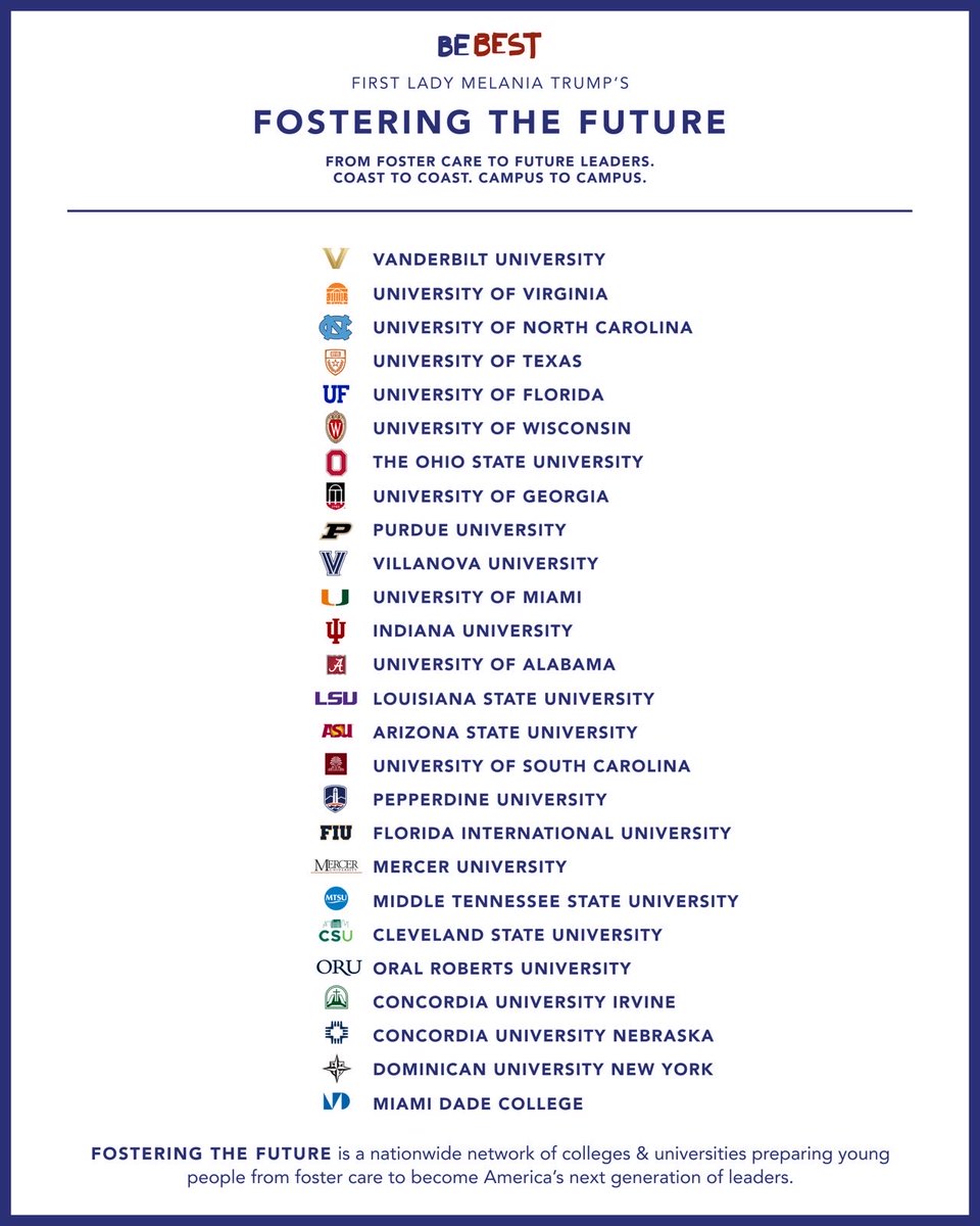 FirstLadyOffice's tweet photo. “Today, Indiana University and Purdue University join Fostering the Future’s growing coast-to-coast alliance of leading academic institutions.  Congratulations and thank you! 

Together, they expand a national network of 26 universities that prepare our foster youth to shape America’s growth.”

First Lady Melania Trump
August 20, 2026