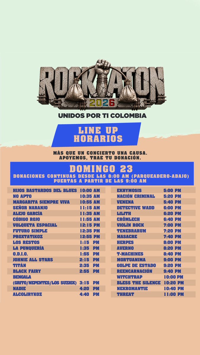 santiagocancion's tweet photo. ¡Horarios de la Rockatón Medellín 2026! 

👊🏽¡Nos vemos en el Teatro Carlos Vieco este 22 y 23 de agosto!

🔥 ¡Toda la comunidad del rock de Medellín unida por Colombia! https://t.co/YfLu0XkN1U