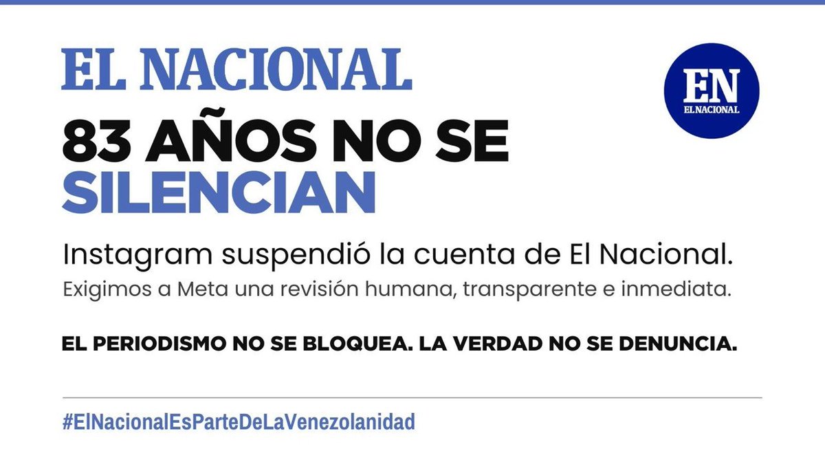 ElNacionalWeb's tweet photo. A nuestros lectores dentro y fuera de Venezuela: necesitamos su apoyo para recuperar nuestra cuenta oficial de Instagram. Compartan esta solicitud y mencionen a @Meta, @instagram y @mosseri. La voz de El Nacional también es la voz de sus lectores. #DevuelvanElInstagramDeElNacional