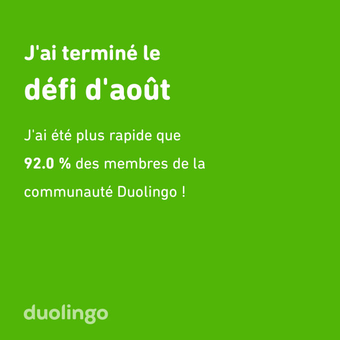 YaicheHakim3's tweet photo. J'ai terminé le défi d'août plus vite que 92.0 % des membres de la communauté Duolingo ! https://t.co/XlZvstcblY