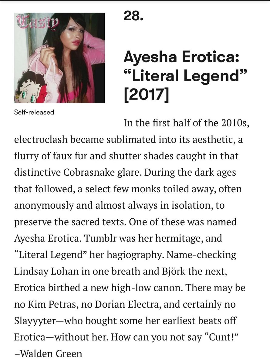 theayeshacorner's tweet photo. 'Literal Legend' by Ayesha Erotica was included in Pitchfork’s 37 Greatest Electroclash Songs Of All Time at #28 https://t.co/o7l14DkW3i