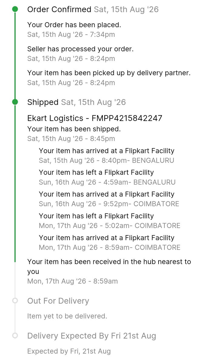 karthik0495's tweet photo. @Flipkart I placed an order through the application, and the product was originally expected to be delivered on 17th August. However, it is now 21st August, and the expected delivery date keeps getting postponed without any proper explanation. https://t.co/ZOeAZzNLT4