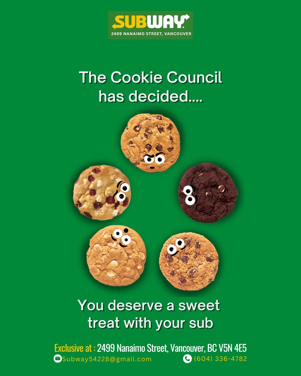 Subwayjoinus's tweet photo. 🍪 The cookie council has decided… you deserve a sweet treat! 😋
📞 (604) 336-4782
📍 2499 Nanaimo Street, Vancouver, BC V5N 4E5
📧 Subway54228@gmail.com
#Subway #Vancouver #Cookies #SweetTreat #DessertTime #FreshBaked https://t.co/xHxCRUr8vD
