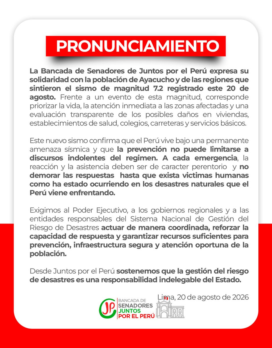BancadaSenJP's tweet photo. La Bancada de Senadores de Juntos por el Perú expresa su solidaridad con la población de Ayacucho y de las regiones que sintieron el sismo de magnitud 7.2 registrado este 20 de agosto. https://t.co/zOIg3uM1y8