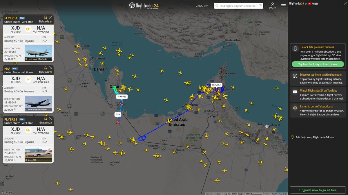 AIYeyENGDdJkjTr's tweet photo. Aug. 21, 2026
#Al-Udeid Air Base ==> #Musandam Peninsula
#FLYER51 #AE63BE USAF KC-46A Pegasus
#NoCALLSIGN #AE5F97 USAF KC-46A Pegasus
#FLYER53 #AE63B5 USAF KC-46A Pegasus https://t.co/LxnGsC3PHL