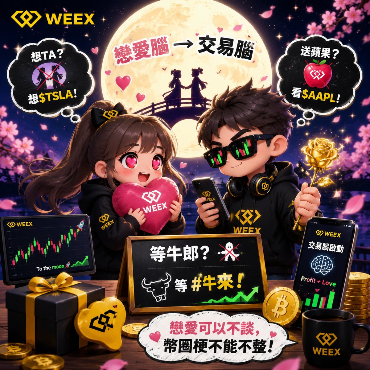 Cemre1j's tweet photo. @weexglobal_ch WEEX 七夕不谈恋爱，专心搞交易！💛📈
想TA不如想 $TSLA，送苹果不如看 $AAPL，等牛郎不如等 #牛来！🐂🚀
这波恋爱脑，成功切换成交易脑！🔥

UID 7576587906 https://t.co/66z2PLvYGU