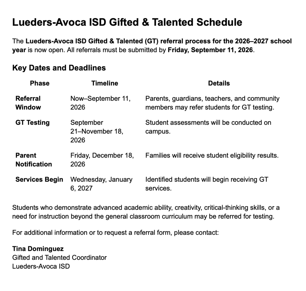 Lueders_Avoca's tweet photo. Gifted and Talented Timeline for 2026-2027 https://t.co/WWeSSlcpgO