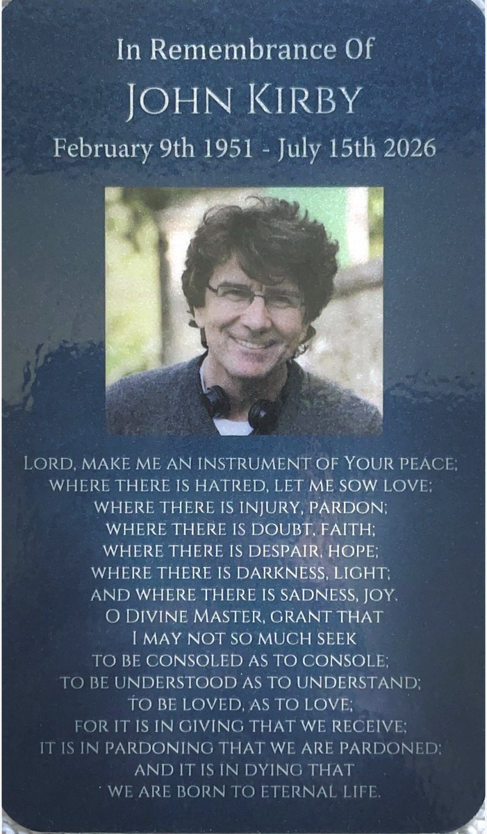 reallycaviezel's tweet photo. Last weekend I said goodbye to John Kirby, my acting coach and dear friend. John died from complications from ALS that he battled valiantly and faithfully for 3 years. This prayer card, with the Prayer of St. Francis, was  given in his memory.  Not only was it a prayer he loved, but it was a prayer he lived.

Thank you for the kind words and prayers this past week. They’ve been a comfort during a hard time.

John shaped how I approached my craft and my life for the past 34 years.  All of my career has been interwoven with John, and his influence can be seen in my movies. His legacy will continue to live on in the many people he trained and the peace he brought to every room.

Eternal rest grant unto John, O Lord,
and let perpetual light shine upon him.
May his soul and the souls of all the faithful departed,
through the mercy of God, rest in peace.
Amen