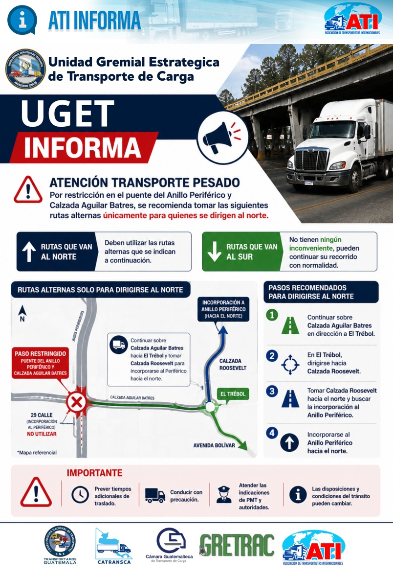 ATI_GT's tweet photo. ⚠️ATENCIÓN 
🚛TRANSPORTE DE CARGA PESADA🚛

✅Rutas Alternas para quienes se dirigen hacia el NORTE, por restricción en Puente Anillo Periférico y Cal. Aguilar Batres, recomendadas por La Unidad Gremial Estratégica de Transporte de Carga -UGET- https://t.co/4cDNveaBXM