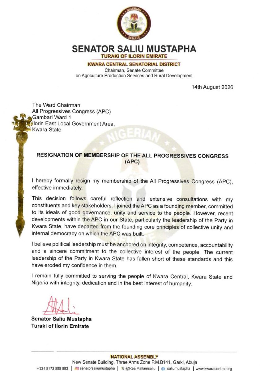 RealMallamSaliu's tweet photo. NOTICE OF RESIGNATION AS A MEMBER OF THE ALL PROGRESSIVES CONGRESS (APC)

Following careful considerations of the recent developments in the All Progressives Congress (APC) in Kwara State, I have formally resigned my membership of the party in the state

This is not a decision I have taken lightly. It follows weeks of extensive consultations and engagements with relevant stakeholders, my supporters, constituents across Kwara Central Senatorial District, and well-meaning Kwarans.

As a politician, I have always believed that politics must be about people, principles and purpose. Where the path of a political platform no longer sufficiently aligns with these convictions and the aspirations of the people one represents, the honourable thing to do is to chart a new course.

To the leadership of the APC ably led by H.E. President Bola Ahmed Tinubu, GCFR, I express my deepest gratitude for the relationships and experiences I have been afforded over the years.

To my constituents, supporters, political associates and stakeholders in Kwara State and beyond, I assure you that while my political platform may change, my principles, my purpose and my commitment to the people remain unchanged.

I remain steadfast in my service to the people of Kwara Central, Kwara State and Nigeria at large.

Thank you.

Senator Saliu Mustapha
Turaki of Ilorin Emirate
Senator Representing Kwara Central Senatorial District