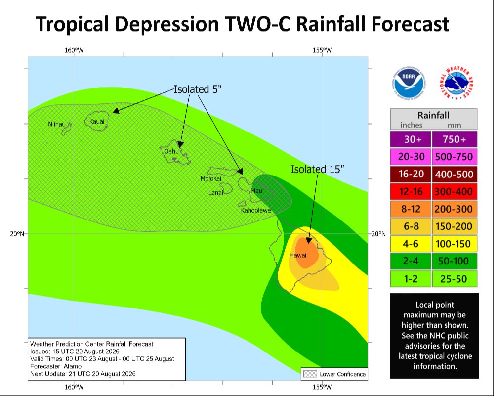 TropicalTidbits's tweet photo. Tropical Depression "Two-C" (TD2) has formed southeast of #Hawaii. It will be named "Moke" if it strengthens into a tropical storm. Some adverse environmental conditions are expected to keep TD2 below hurricane intensity as it tracks west-northwestward over the rest of the week.

Models are coming into better agreement on TD2 tracking south of the Hawaiian Islands, but the key will be exactly how distant. Heavy rains and strong wind gusts may still occur in at least the Big Island, and any track shift to the north would worsen expected impacts. Residents should be prepared for additional flash flooding and landslide potential this weekend. Hoping for more southward shifts! Stay tuned to the National Hurricane Center and NWS Honolulu for expected impacts.
