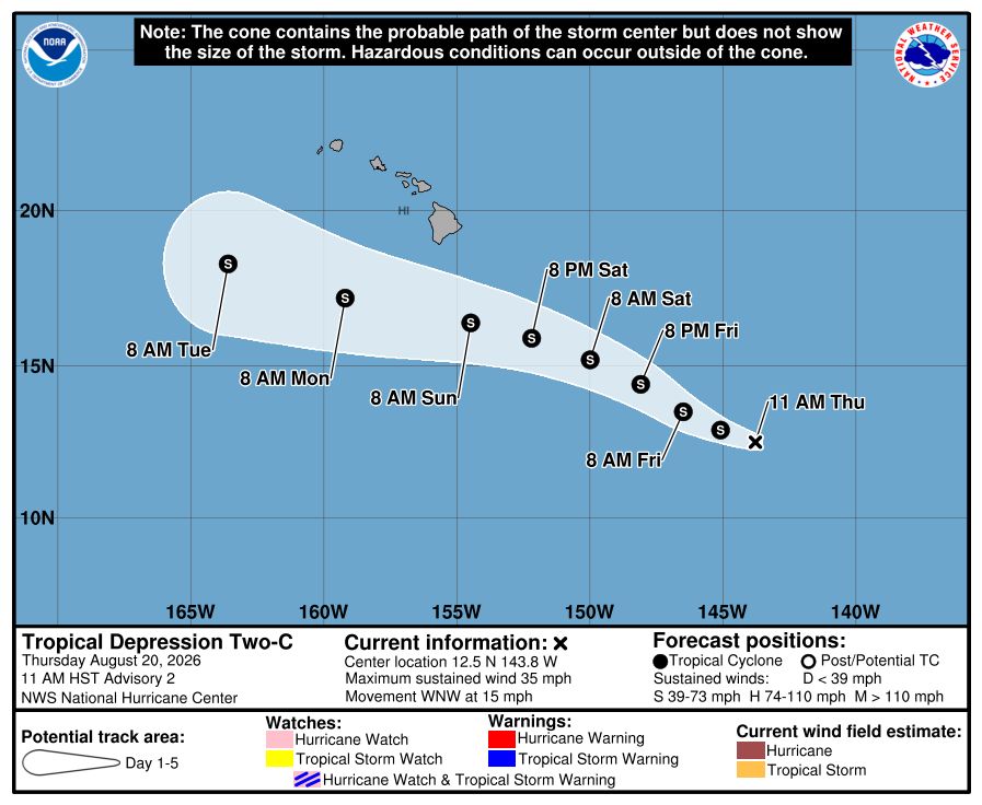 TropicalTidbits's tweet photo. Tropical Depression "Two-C" (TD2) has formed southeast of #Hawaii. It will be named "Moke" if it strengthens into a tropical storm. Some adverse environmental conditions are expected to keep TD2 below hurricane intensity as it tracks west-northwestward over the rest of the week.

Models are coming into better agreement on TD2 tracking south of the Hawaiian Islands, but the key will be exactly how distant. Heavy rains and strong wind gusts may still occur in at least the Big Island, and any track shift to the north would worsen expected impacts. Residents should be prepared for additional flash flooding and landslide potential this weekend. Hoping for more southward shifts! Stay tuned to the National Hurricane Center and NWS Honolulu for expected impacts.
