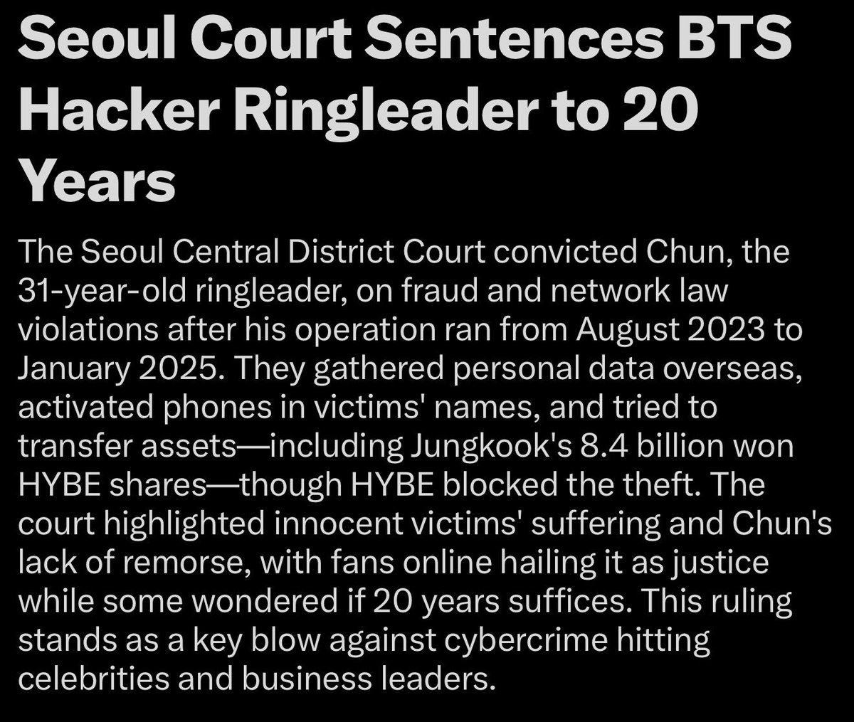 SoCalRoving's tweet photo. Those of you that wonder if HYBE works on the member’s behalf or not need to have another thought. While JK was enlisted, the Hybe team worked to resolve this and the hacker got 20 years and JK lost nothing. Hybe isn’t as evil as you like to believe. So, again, have another thought.