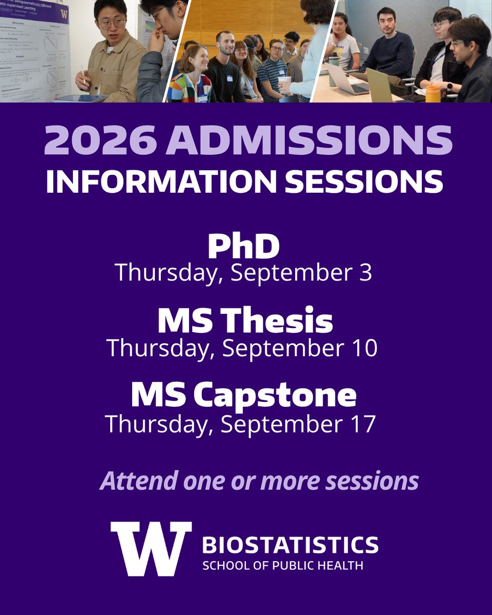 UWBiostat's tweet photo. Attend one of our upcoming admissions information sessions for our PhD, MS Thesis, and MS Capstone programs. Sessions will be held in September. RSVP today! 
https://t.co/TmzO7zSBUD https://t.co/Z94zc51DDS