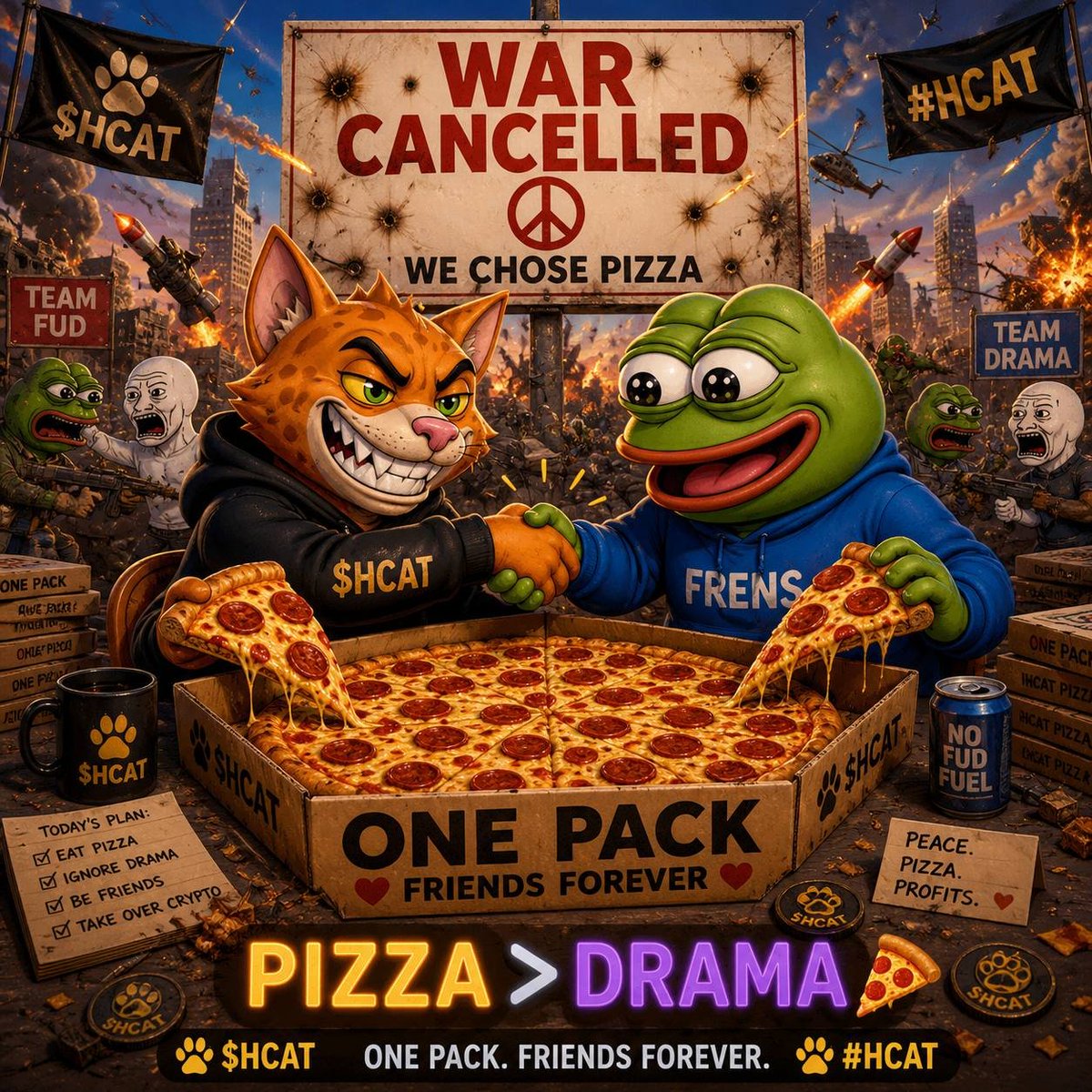 Enny_Crypt5's tweet photo. War can wait. 🍕😂
$HCAT said PIZZA > DRAMA  one pack, one family, friends forever. 🐱🤝🔥

#HCAT $HCAT 
@HyenaCatSol https://t.co/poMTB9FLGu