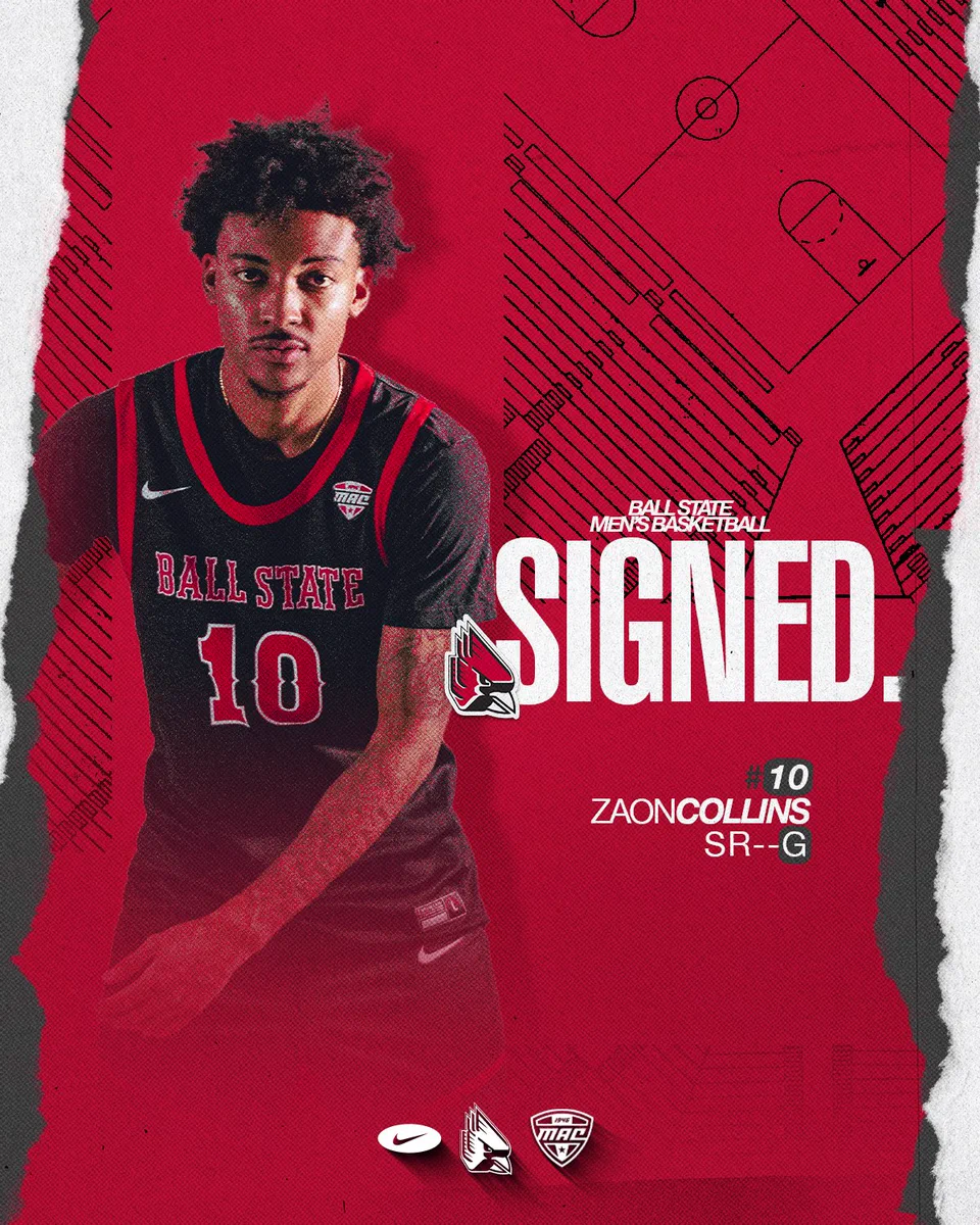 Signed graphic for Zaon Collins featuring Collins in a black Ball State men's basketball jersey
Text:
Ball State Men's Basketball
Signed
#10 Zaon Collins SR -- G