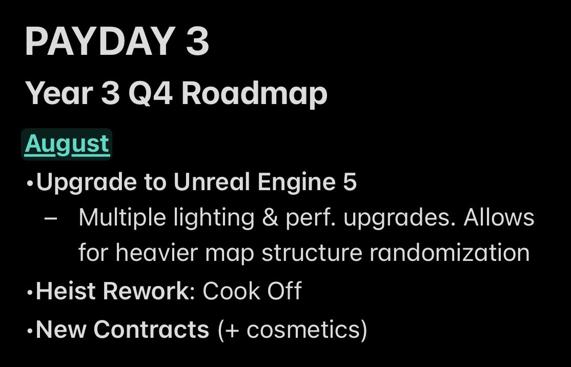PD3News's tweet photo. PAYDAY 3 - End of Year 3 Roadmap (August &amp; September) https://t.co/tzTEq7Tjue