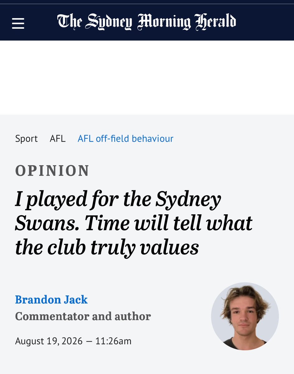 rtralphy's tweet photo. Brandon Jack who played for the Sydney Swans SMH opinion pieces

February 2024
August 2026 https://t.co/vuERX0Zeoj