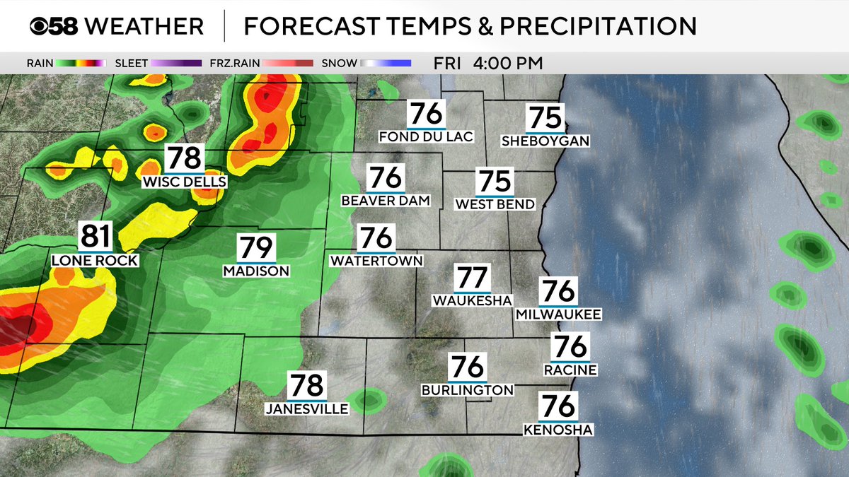 CBS58Drew's tweet photo. Two rounds of showers and storms are possible on Friday.  The first round will be tomorrow morning; however, that won’t be severe.  If sunshine can return to produce some instability, another round could develop during the late afternoon and evening with hail and gusty winds. https://t.co/6TQZeF7G5B