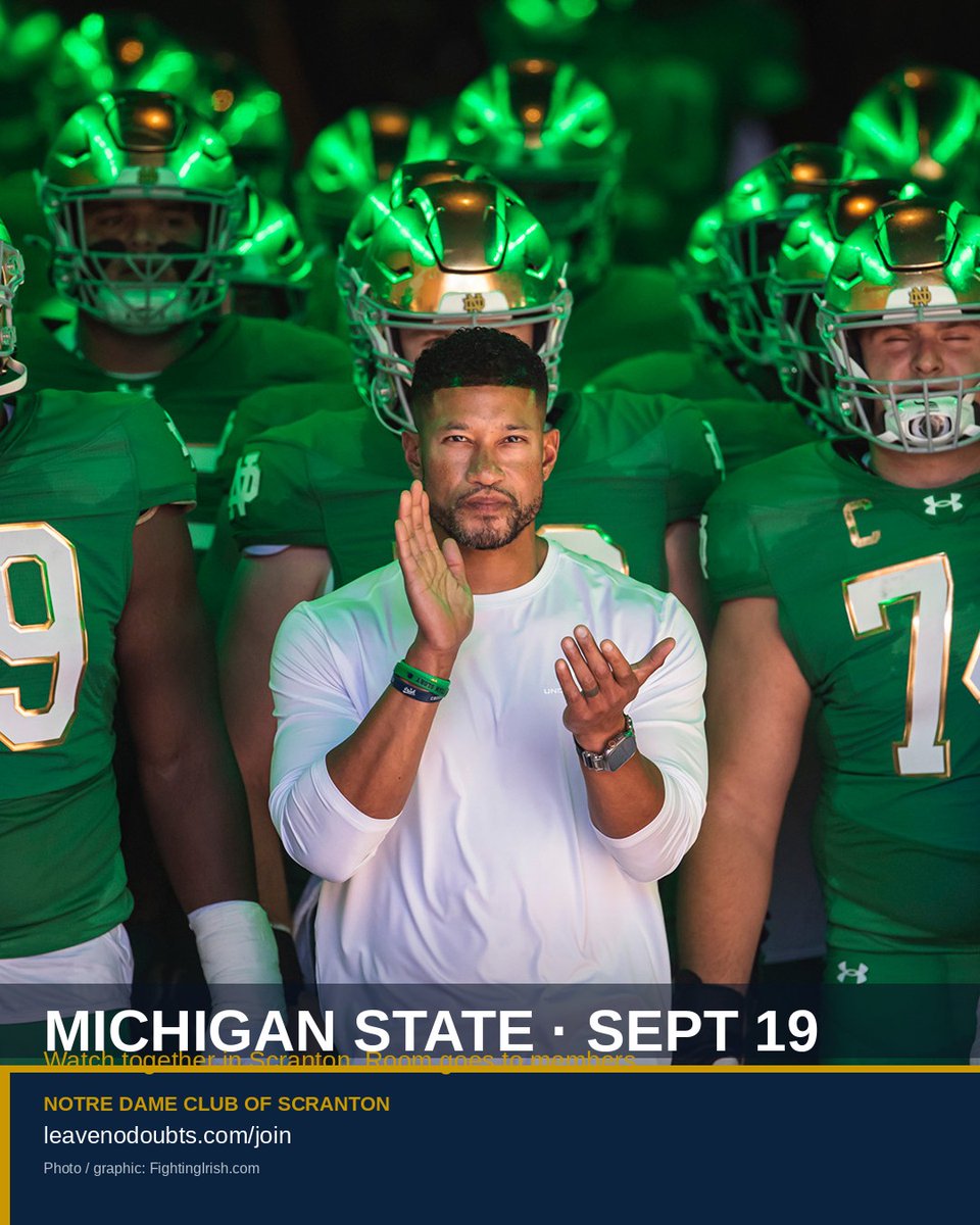 NDClubScranton's tweet photo. We're here. Notre Dame Club of Scranton. Leave No Doubts.

Michigan State watch, Sat Sept 19, 7:30 p.m. ET in Scranton. Location to members.

$35 to join, $50 with a Leave No Doubts placard.
https://t.co/yADb4RJ6kd https://t.co/hvrf9ykN2X