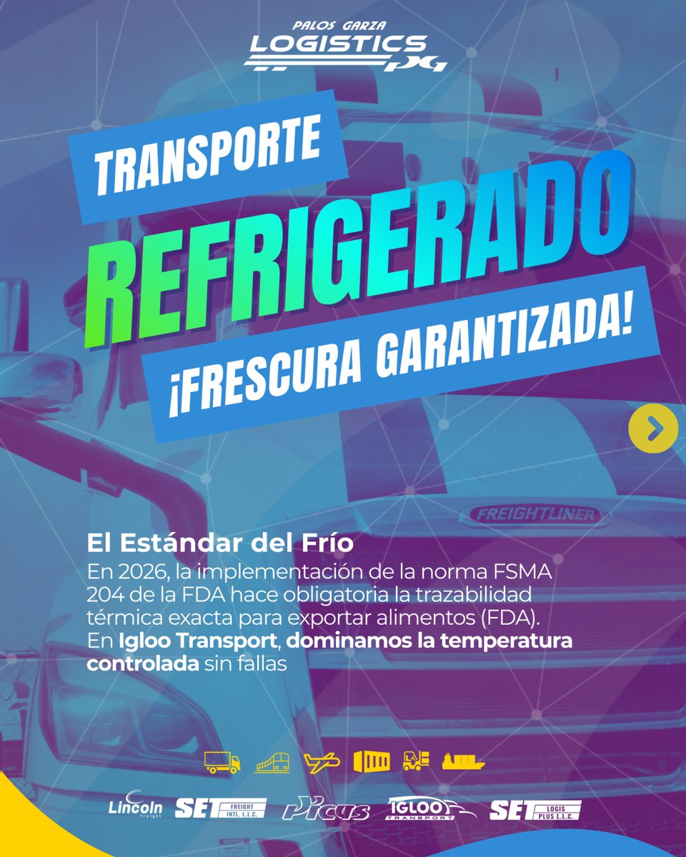 PGLogisticsIntl's tweet photo. 🚀 ¡Impulsamos la logística que mueve Norteamérica! Cumple las normas alimentarias sin complicaciones. Brindamos transporte refrigerado con rastreo térmico en tiempo real, agilidad de cruce y distribución unificada en #USA. https://t.co/eTbIdTPl49