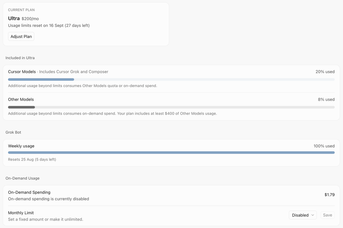 OsmWallet's tweet photo. @bot  @poteto 

Finally bought 1 month of Cursor Ultra (its expensive, but also worth it), &amp; I used up all the bot limits. Grok Bot felt slow &amp; useless at first, then I took 15 min to set it up properly &amp; then it blew my mind. It saved me a lot of time &amp; effort. Grok Bot is  🤯 https://t.co/0fZ692fdxV
