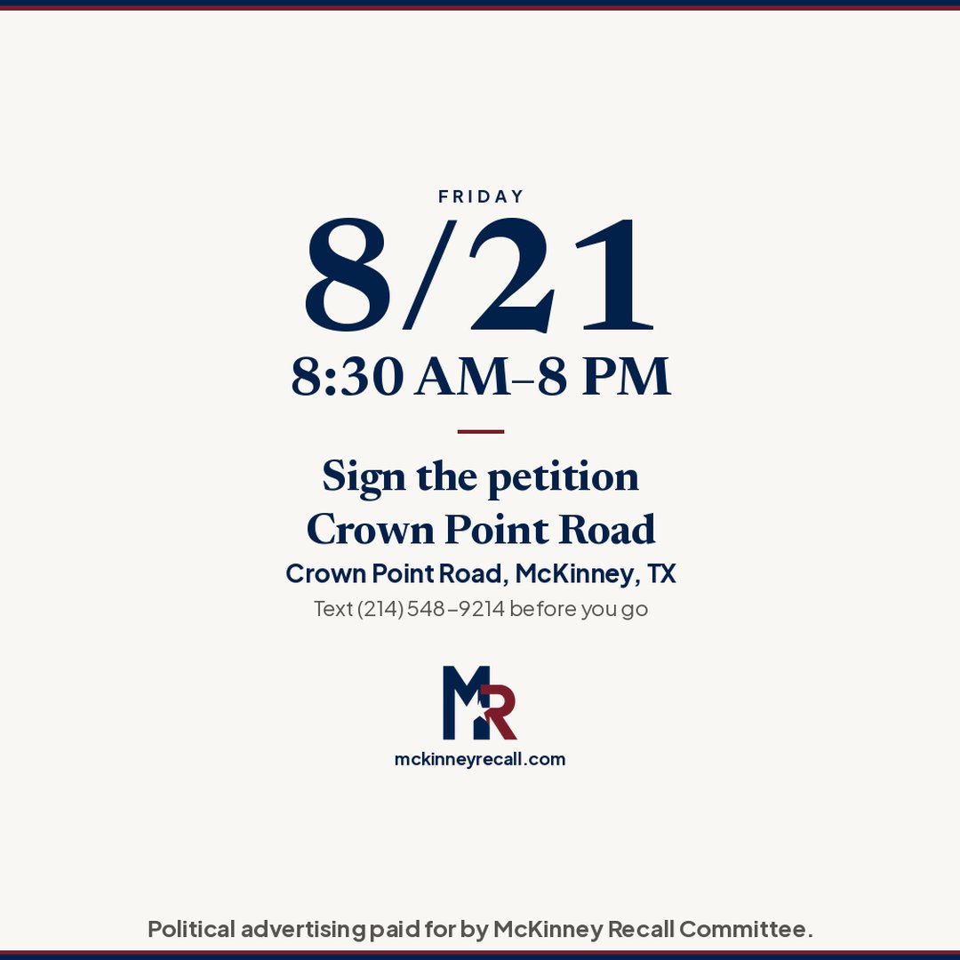 McKinneyRecall's tweet photo. Places to sign Friday 8/21
https://t.co/txCs0bI7nJ
#SaveMcKinney #McKinneyRecall #RecallMcKinney #McKinneyCityCouncil #McKinneyTX #McKinney #CollinCounty https://t.co/xVo84TSa53