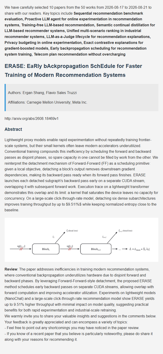 BayCoralee26992's tweet photo. Recommendation latest research progress | 9. ERASE: EaRly bAckpropagation SchEdule for Faster Training of Modern Recommendation Systems
#AI #DeepLearning #ArtificialInteligence #Datascience #Research #recsys https://t.co/ftdZNbEt0U