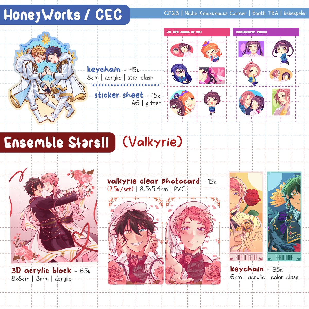 bebekpelik's tweet photo. opening preorders for #cf23! 💛🔁 appreciated o7

📅 21-28 August
📦 Pick-up both days
📌 Niche Knickknacks Corner
✏ LOVE-BULLET, HoneyWorks, Yuri/GL, Ensemble Stars!! (Valkyrie), Deltarune (Suselle)
🔗in replies!

more to be added OTS! (maaf wip)

#comifuro23 #cf23catalogue https://t.co/OYPFmb9yzP
