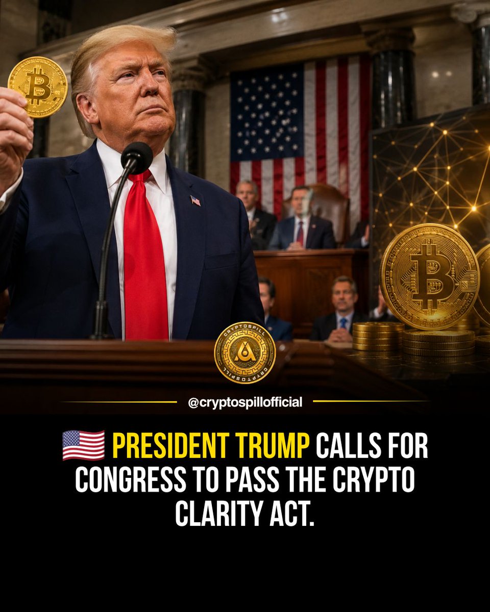 CryptoSpillX's tweet photo. 🚨 President Trump is calling on Congress to pass the Crypto Clarity Act. 🇺🇸

The proposed legislation could play a major role in bringing clearer rules and regulatory certainty to the U.S. crypto industry. 👀

#Crypto #Bitcoin #CryptoRegulation #CryptoClarityAct #Trump https://t.co/nukQPW3Fvn